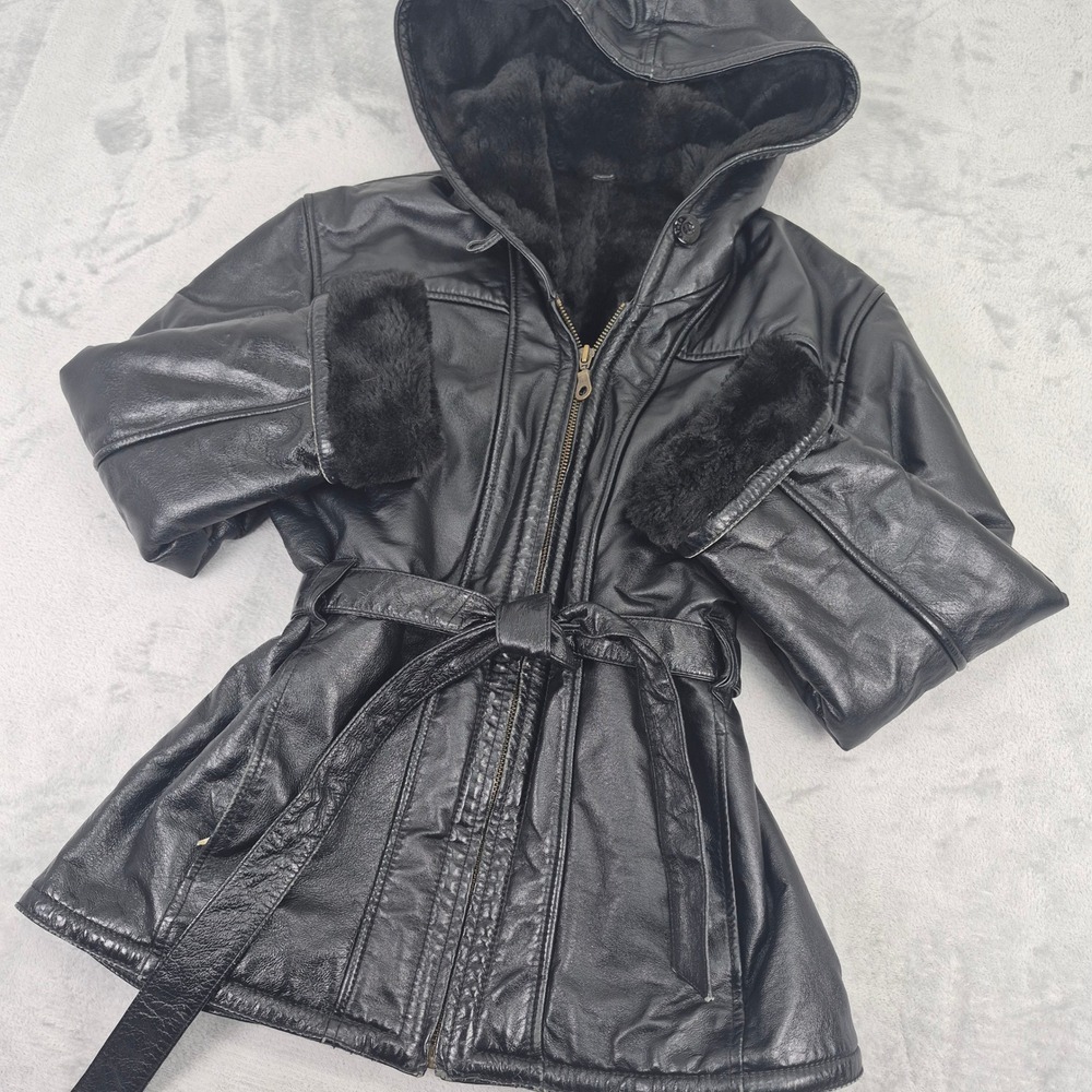 Wilsons Leather Black Hooded Faux Fur Fully Lined Belted Jacket Womens‎ M Warm